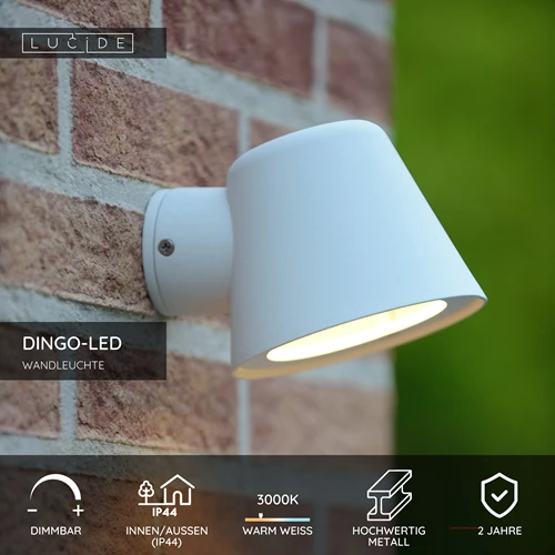 Lucide DINGO-LED - Wandleuchte Innen/Außen - LED Dim. - GU10 - 1x5W 3000K - IP44 - Weiß - USP